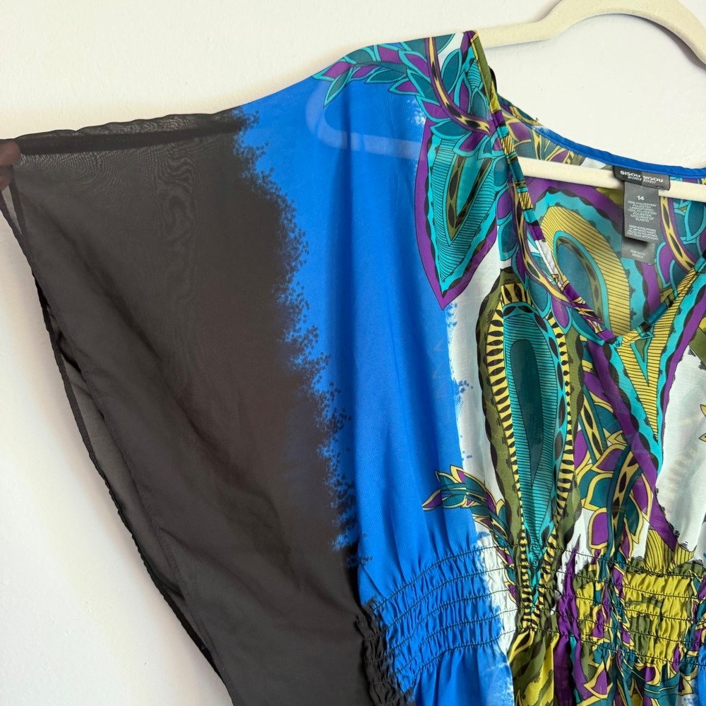 Y2K Bisou Bisou Michele Bohbot Blue Paisley Kaftan Butterfly‎ Sleeve Dress 14 - Picture 3 of 4